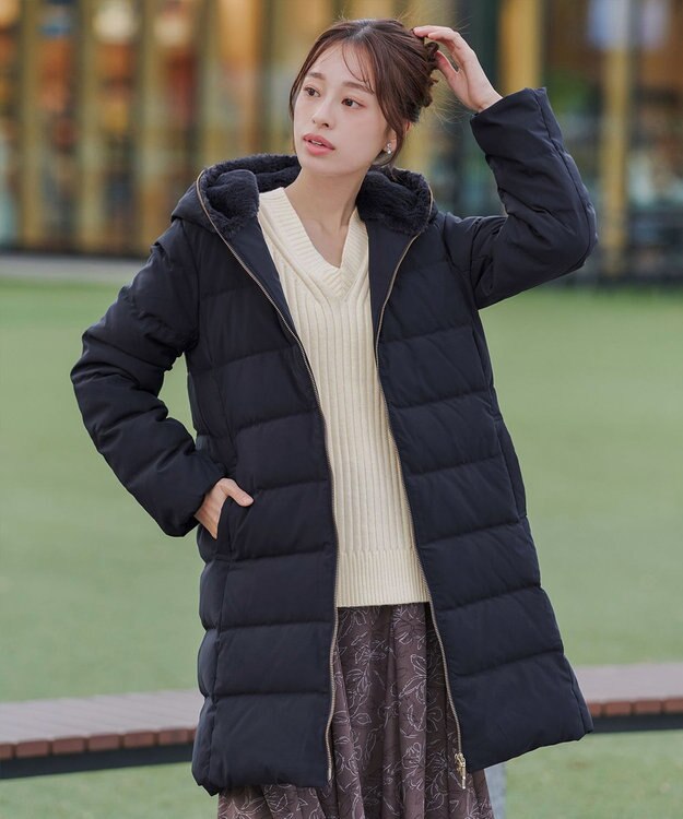 Tiaclasse フード裏エコファーダウンコート ネイビー