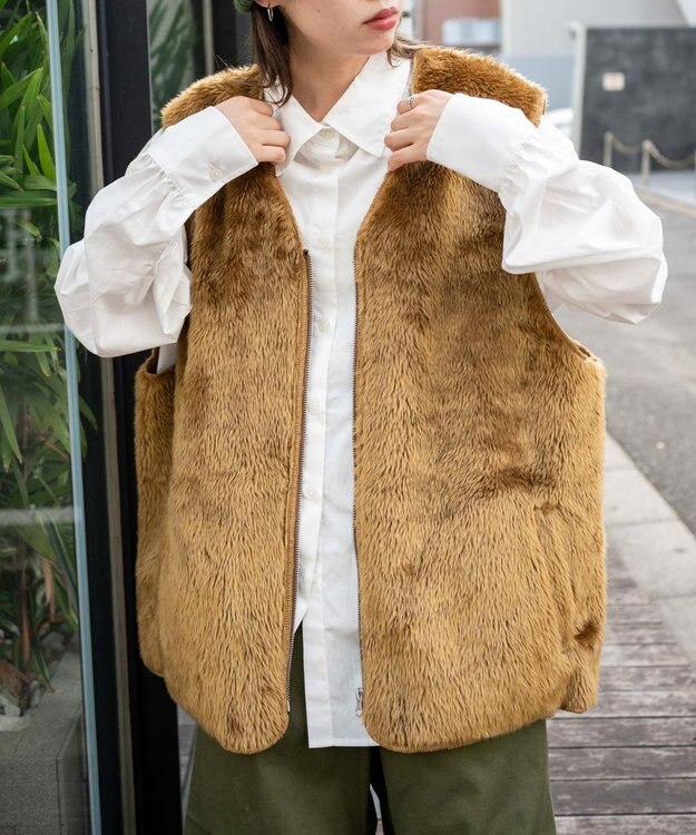 WEGO フェイクファーBIGベスト ブラウン