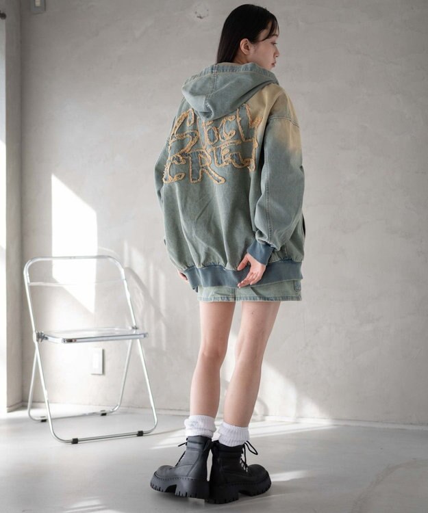 WEGO ヴィンテージウォッシュBIGフードブルゾン デニム淡加工色