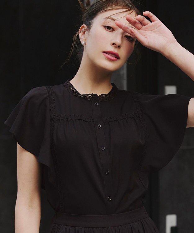 Tiaclasse L 【洗える】フレアスリーブレースブラウス ブラック