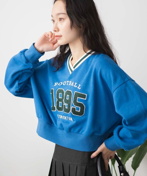 WEGO Vネックラインリブショートスウェット ブルー