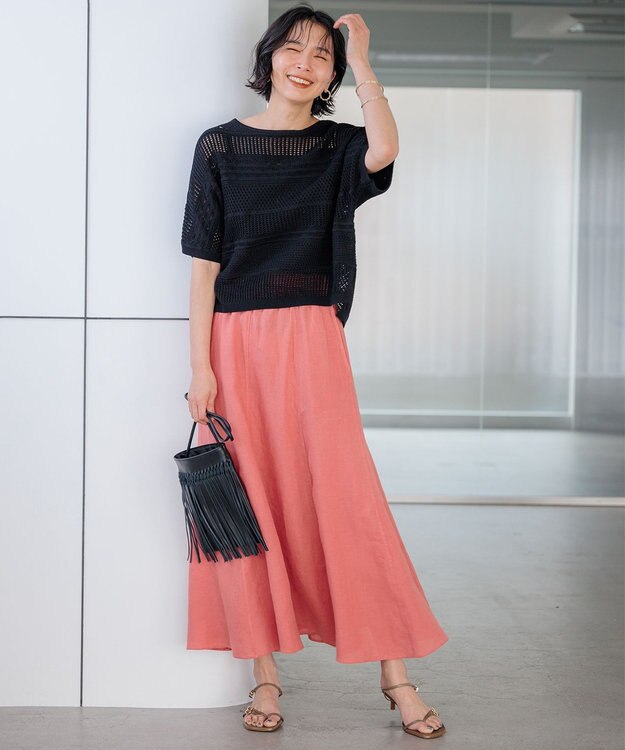 23区 L 【洗える】LIBECOリネン フレアスカート オールドローズ系