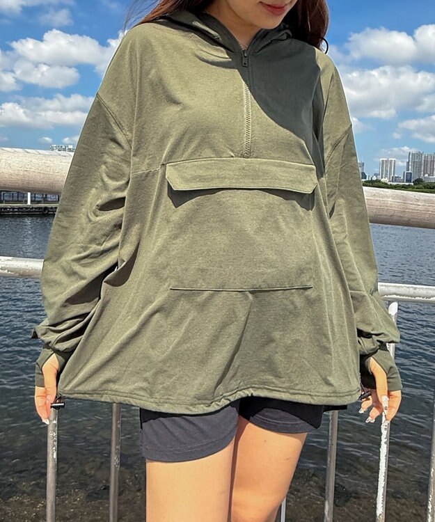 WEGO 【UVカット/吸水速乾/水陸両用/ラッシュガード】ハーフジップアノラックパーカー カーキ