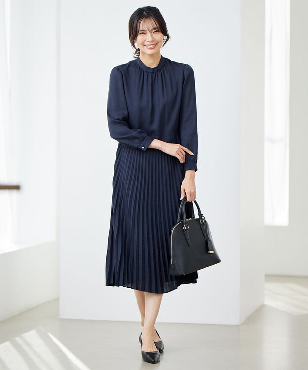 23区 【洗える】クリスタルアムンゼン ウエスト切り替え ワンピース ネイビー系