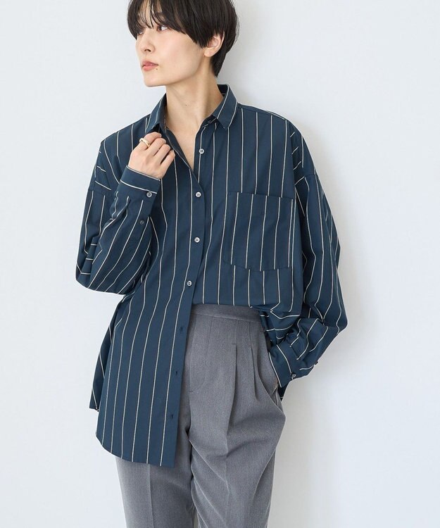 AMERICAN HOLIC ドビーストライプロングシャツ Navy