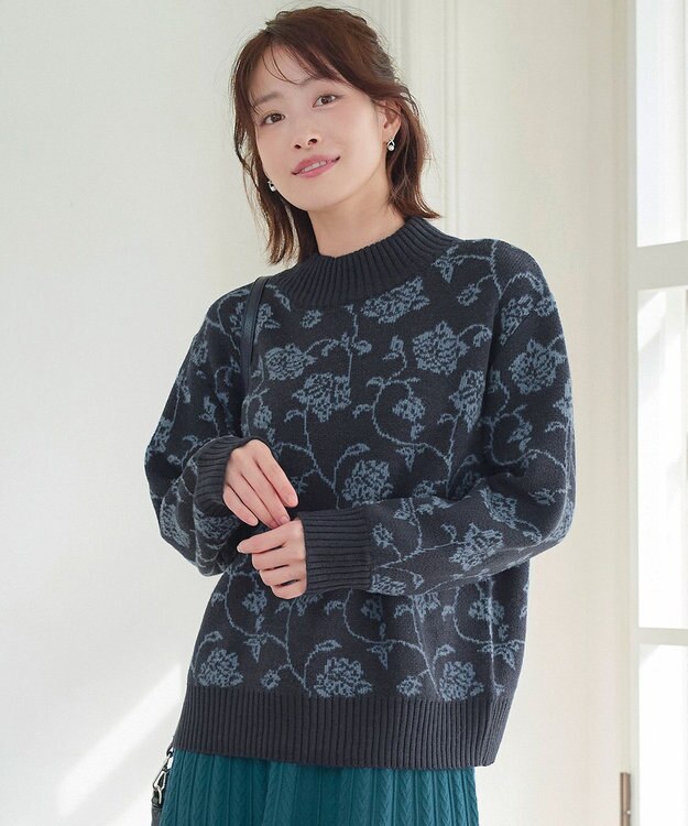 Tiaclasse L 【洗える】フラワージャガードニットトップス ネイビー