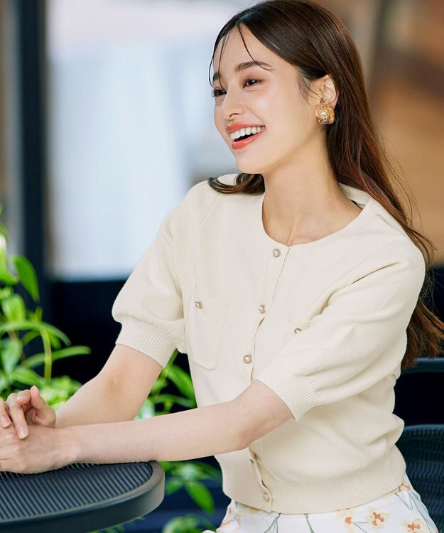 Tiaclasse 【洗える】鹿の子柄ニットショートカーディガン オフホワイト