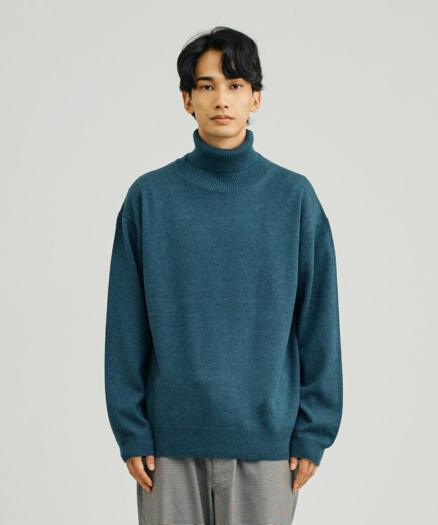J.PRESS YORK STREET 【UNISEX】ANTI PILLING WOOL タートルニット ダルブルー系