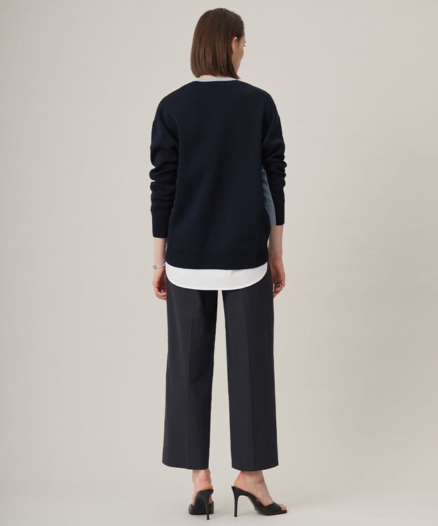 ICB 【WEB限定カラーあり・洗える】コットンポリエステルスムース  ニットプルオーバー サックスブルー×ネイビー系［前後配色］