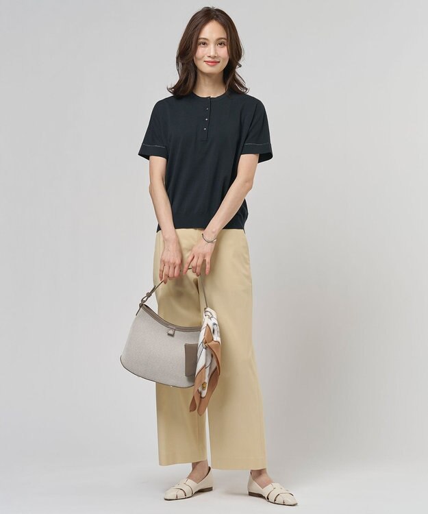 J.PRESS LADIES L COOL MINT COTTON POLYESTER ヘンリーネック ニット プルオーバー ネイビー系