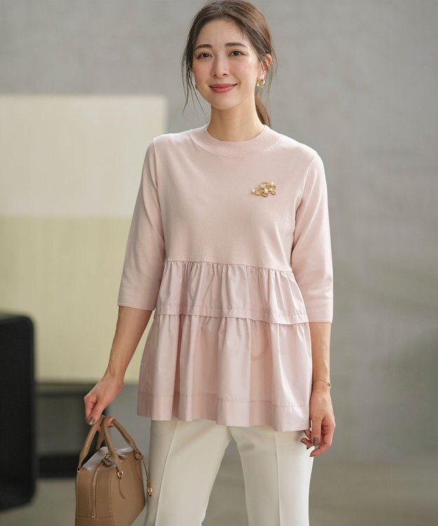 組曲 【UVケア・接触冷感・六分袖】ブラウスコンビ ティアードニット ピンクベージュ系