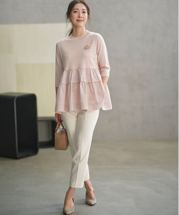 組曲 S 【UVケア・接触冷感・六分袖】ブラウスコンビ ティアードニット ピンクベージュ系