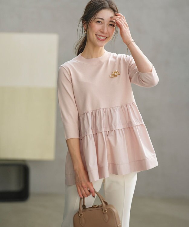 組曲 【UVケア・接触冷感・六分袖】ブラウスコンビ ティアードニット ピンクベージュ系