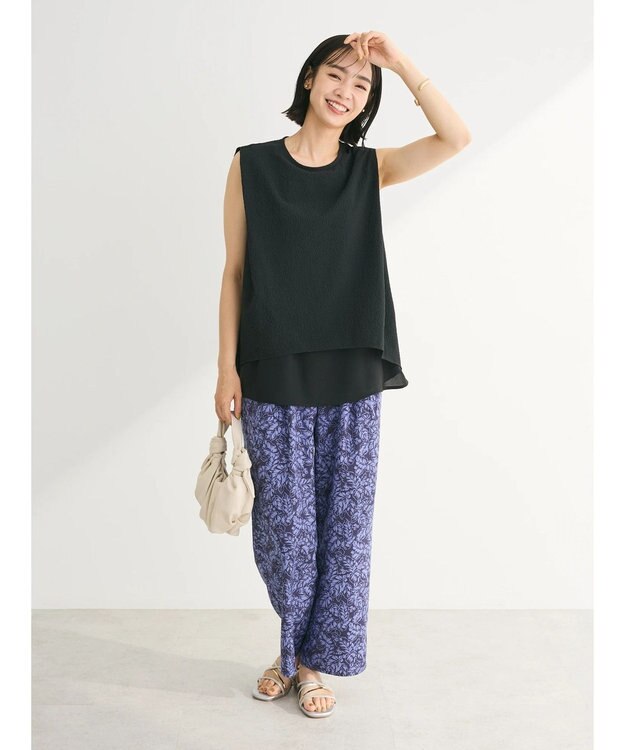 Green Parks 異素材レイヤードノースリーブブラウス Black