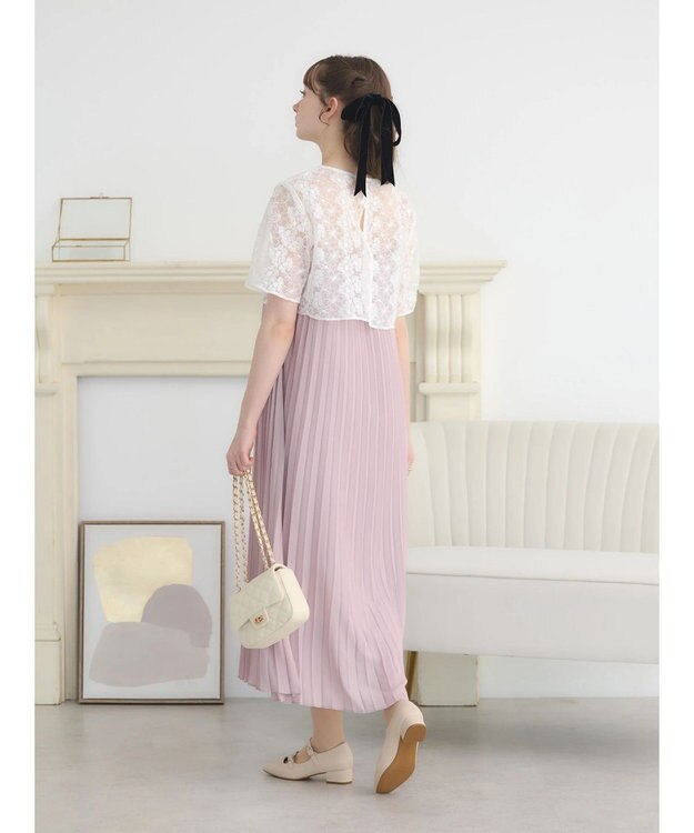 earth music&ecology ＳＥＴ２点　オーガンジー刺繍＋プリーツワンピース Pink