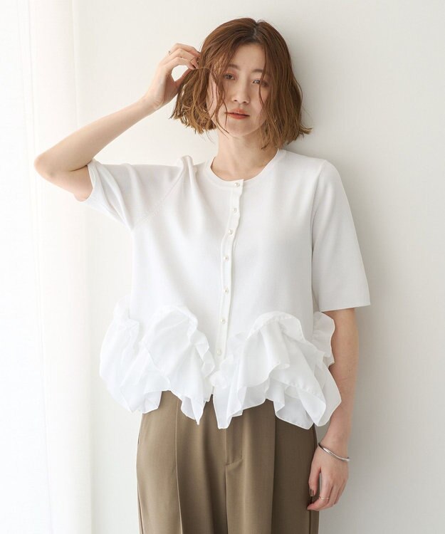 YECCA VECCA パール釦ラッフル5分袖カーディガン Off White