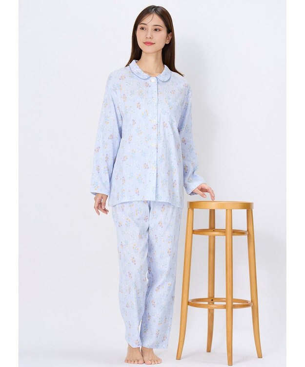 Wing パジャマ 綿100%(本体) 二重ガーゼ 長袖 長ズボン レディース EP7047 ウイング／ワコール サックス