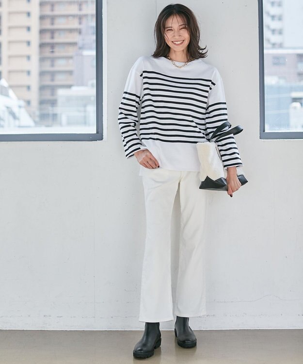 23区 L 【洗える】BUGIS シングルジャージー ボーダー カットソー ホワイト×ブラックボーダー