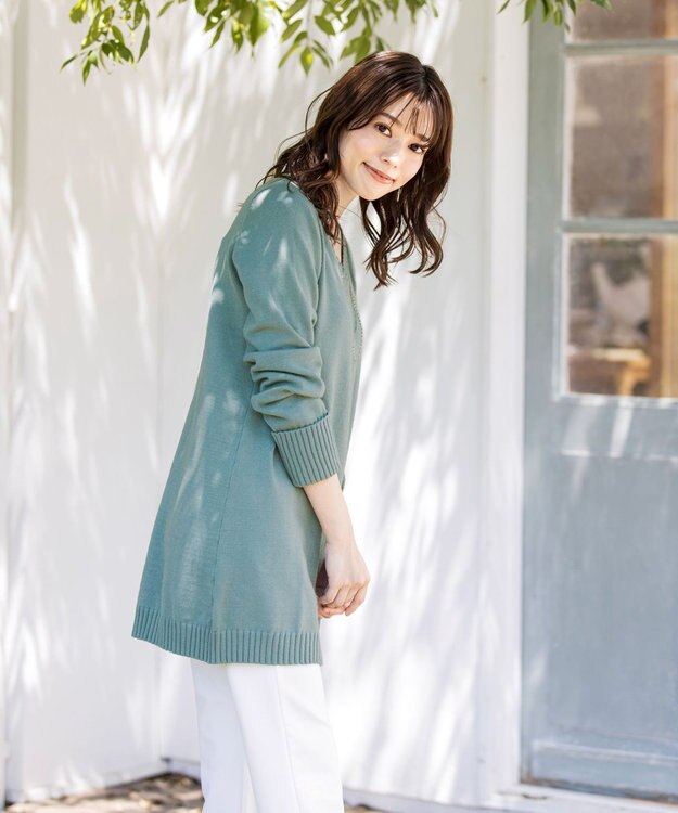 Tiaclasse L 【洗える】幅広く活躍が期待できるVネックリブニットチュニック ミント