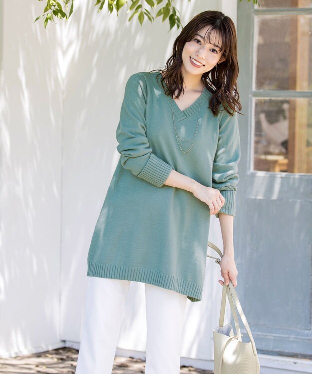 Tiaclasse L 【洗える】幅広く活躍が期待できるVネックリブニットチュニック ミント