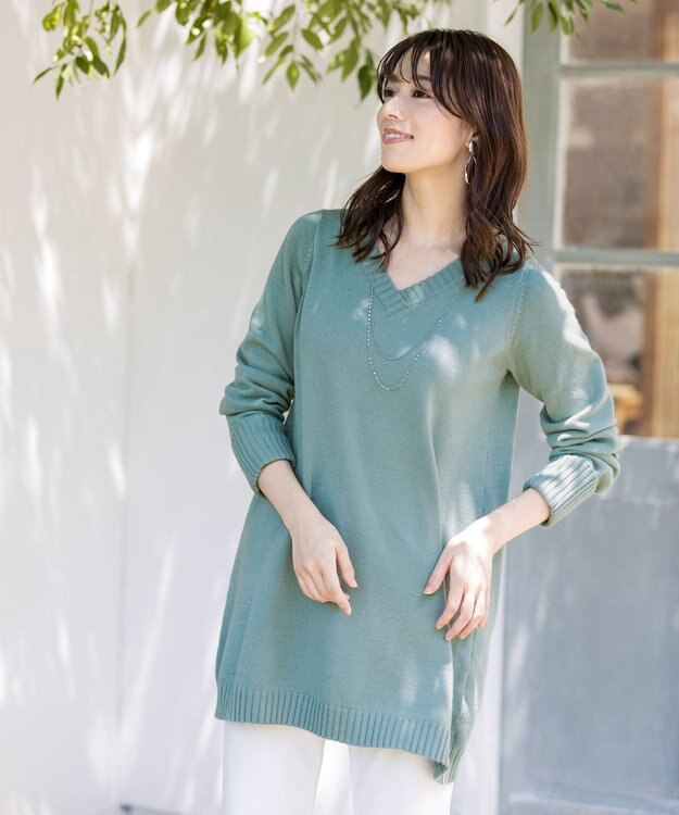 Tiaclasse L 【洗える】幅広く活躍が期待できるVネックリブニットチュニック ミント