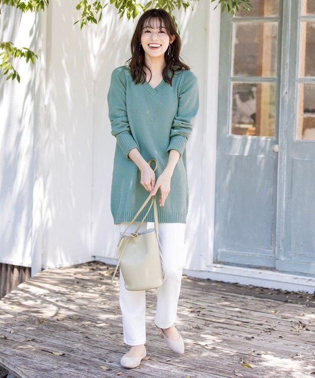 Tiaclasse L 【洗える】幅広く活躍が期待できるVネックリブニットチュニック ミント