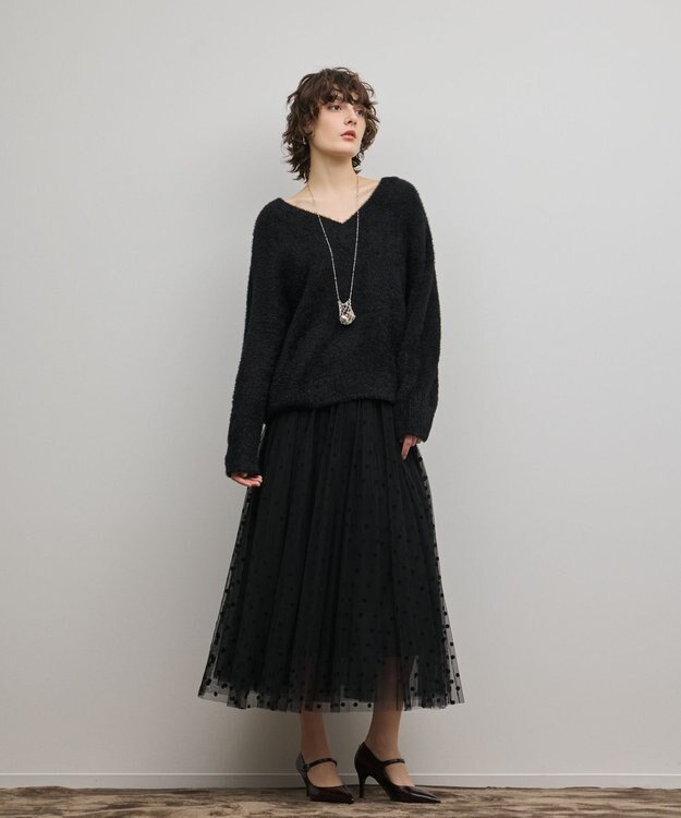 GRACE CONTINENTAL フロッキードットプリーツスカート ブラック