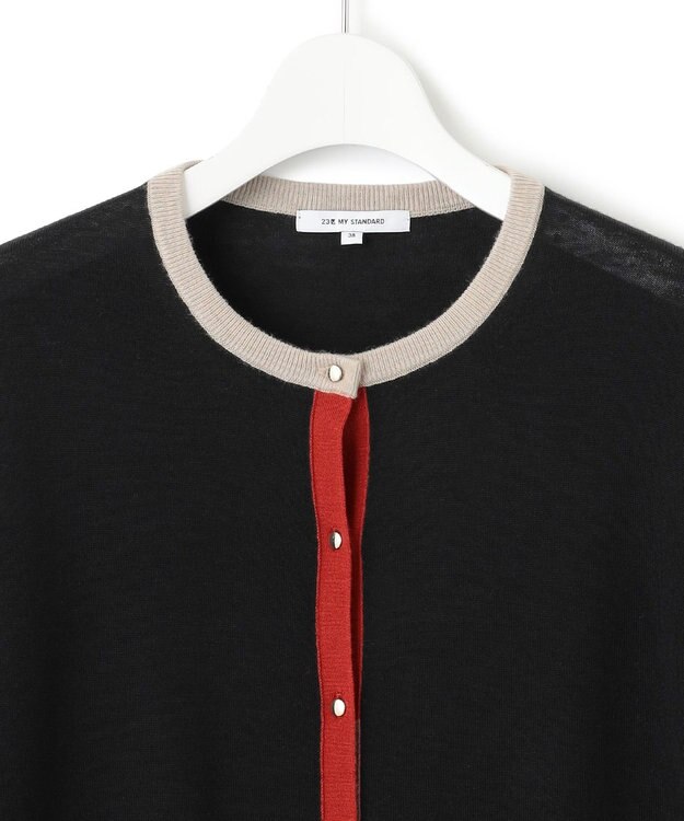 23区 L 【洗える/アンサンブル対応】サステナブルウール バイカラー カーディガン ブラックベース