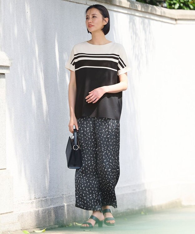 自由区 【WEB限定・ウエストゴム・長さ調整可・洗える・XSサイズあり】ビンテージサテンプリント柄 ワイドパンツ ブラック系5