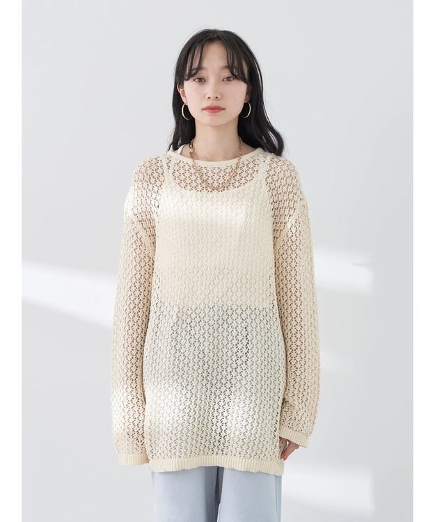 earth music&ecology メッシュ編みニットプルオーバー Ivory