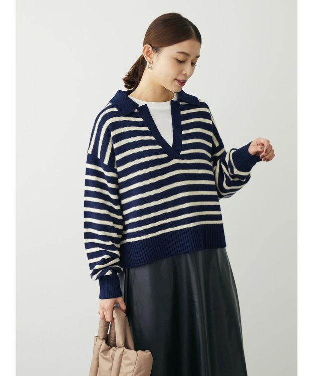 Green Parks キーネックボーダープルオーバー Navy