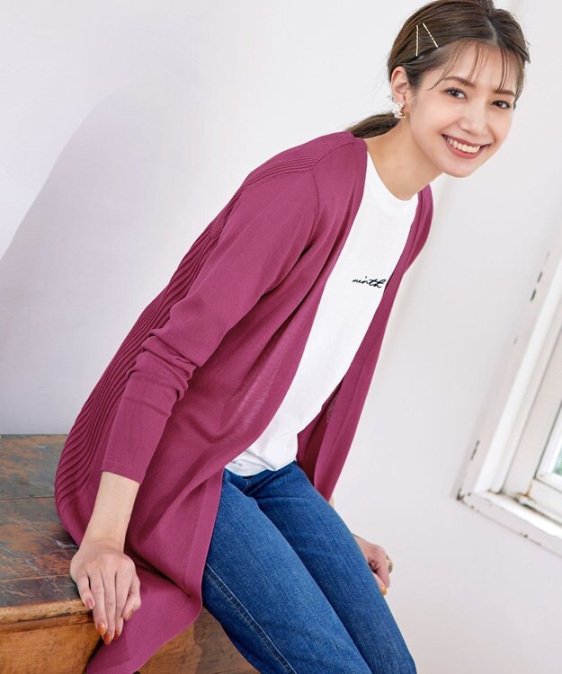 Tiaclasse 【洗える】バックリブプリーツ編みロングカーディガン ピンク