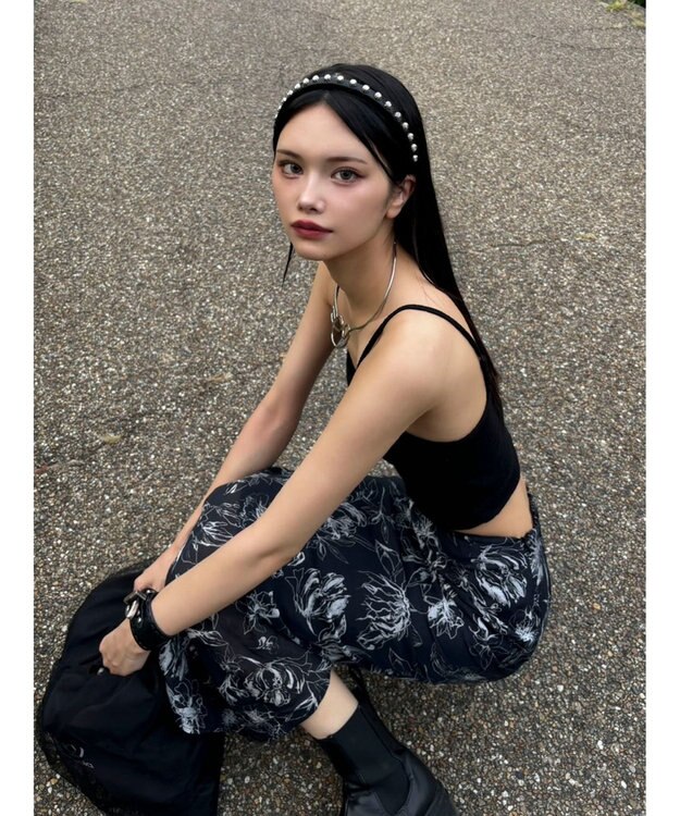 Green Parks モノトーンフラワータイトスカート Black