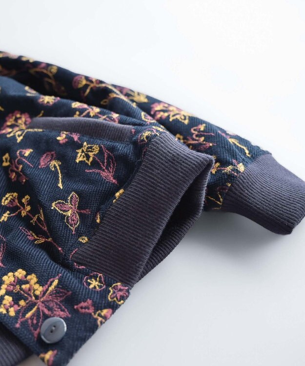 muuc 〈遠州織物の工場で織られた上質なコットンコーデュロイ生地〉裏地有り リブ袖 ショート丈 花刺繍ブルゾン（セットアップ可能） ネイビー