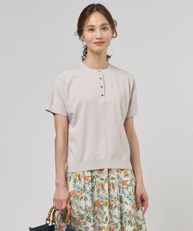 J.PRESS LADIES L COOL MINT COTTON POLYESTER ヘンリーネック ニット プルオーバー グレージュ系