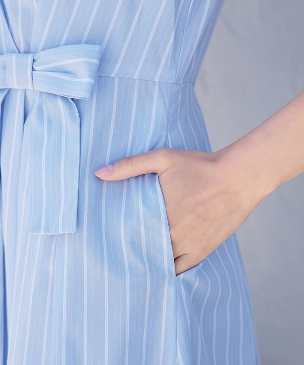 Tiaclasse 【洗える】ストライプアシンメトリーリボンワンピース サックス