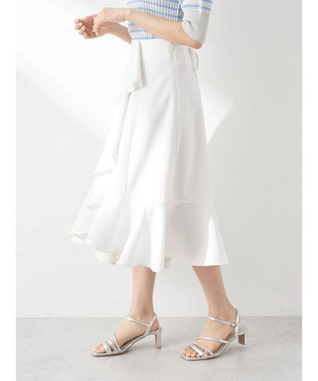 earth music&ecology アシメペプラムフレアバックレースミディ丈スカート White