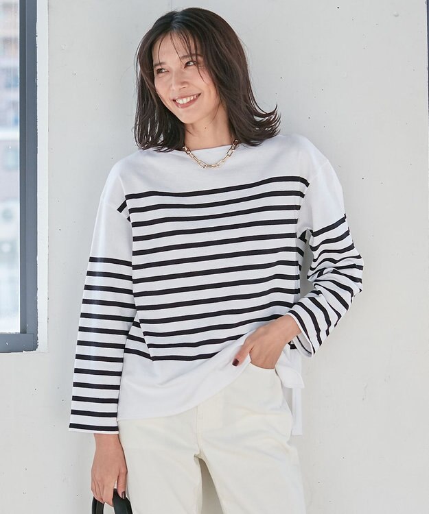 23区 L 【洗える】BUGIS シングルジャージー ボーダー カットソー ホワイト×ブラックボーダー