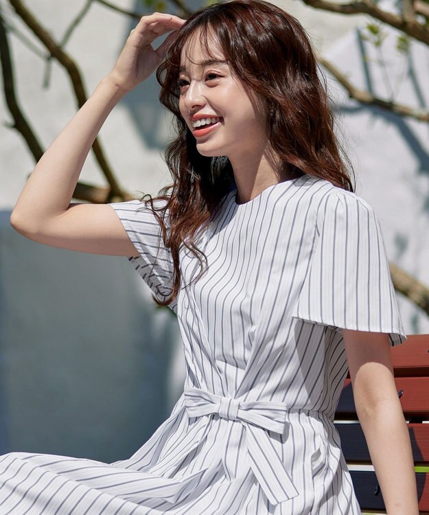 Tiaclasse 【洗える】ストライプアシンメトリーリボンワンピース オフ