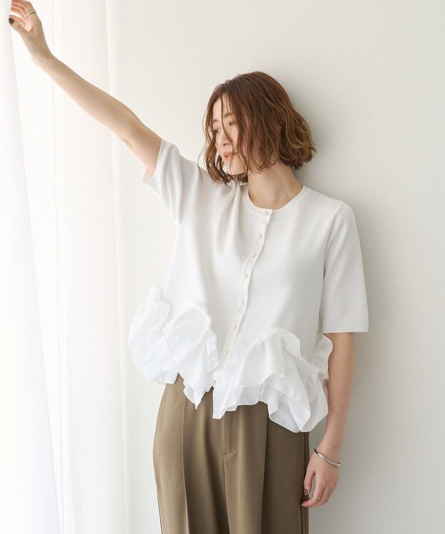 YECCA VECCA パール釦ラッフル5分袖カーディガン Off White