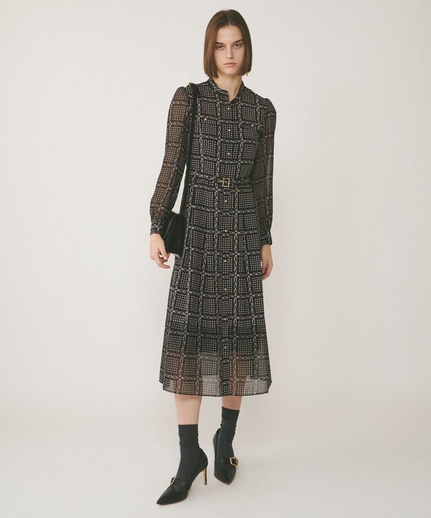 GRACE CONTINENTAL チェーンチェックプリントワンピース ブラック