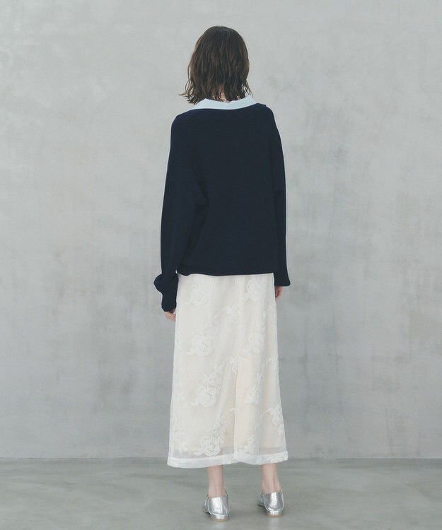 YECCA VECCA フラワー柄刺繍メッシュスカート Ivory