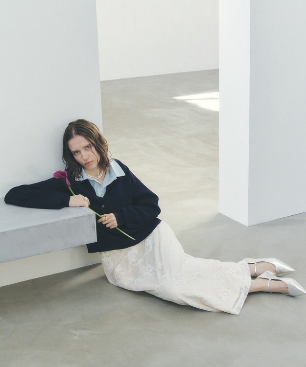 YECCA VECCA フラワー柄刺繍メッシュスカート Ivory