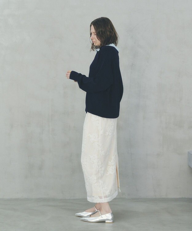 YECCA VECCA フラワー柄刺繍メッシュスカート Ivory