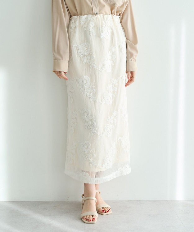 YECCA VECCA フラワー柄刺繍メッシュスカート Ivory
