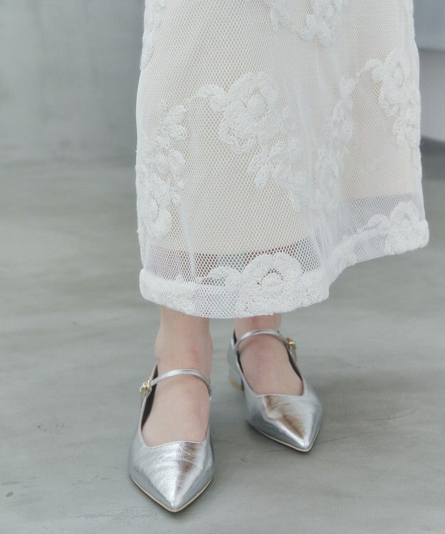 YECCA VECCA フラワー柄刺繍メッシュスカート Ivory