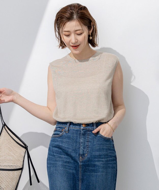 23区 【洗える】ピュアリネンハイゲージ ノースリーブ ニット ベージュ系