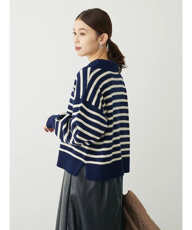 Green Parks キーネックボーダープルオーバー Navy