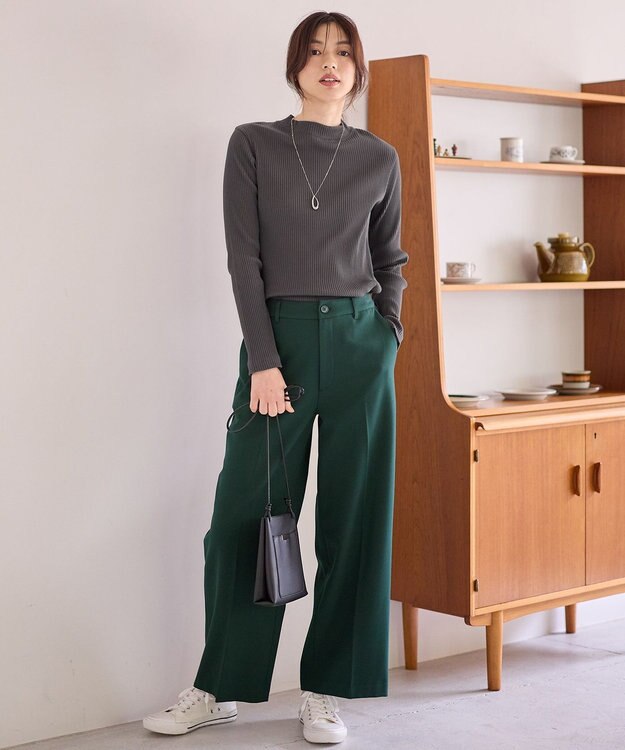 ANY L 【洗濯機可/ストレッチ/ウエストゴム/裏起毛】マルチファンクションストレッチワイドパンツ グリーン