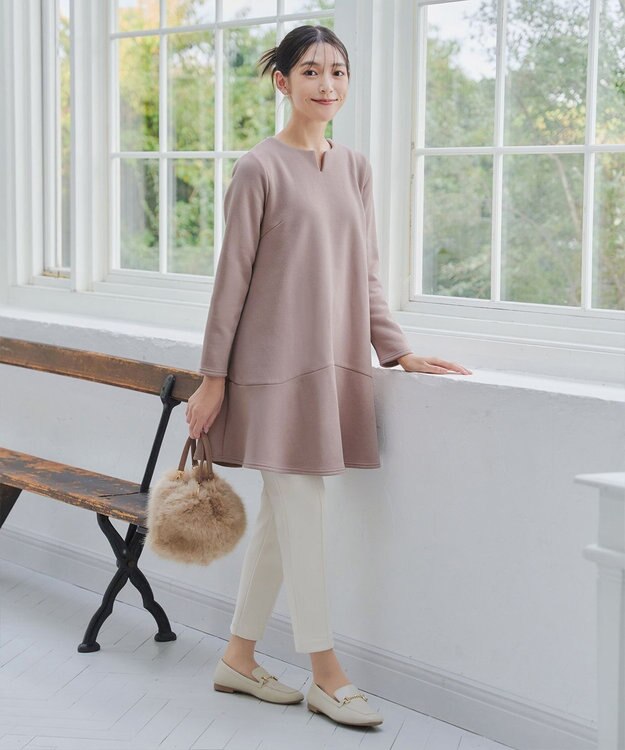 Tiaclasse L 【洗える】裏起毛フレアワンピチュニック グレージュ